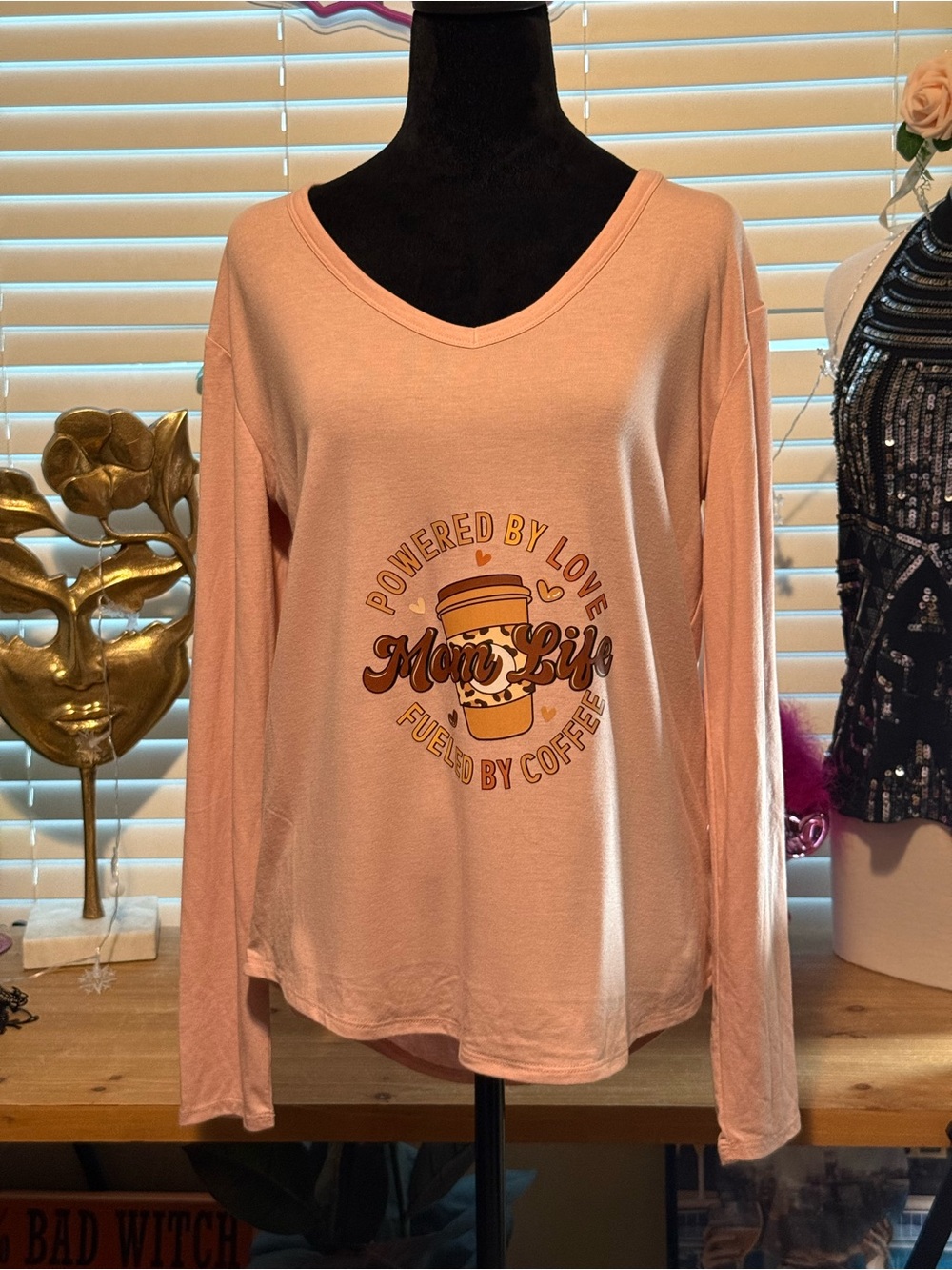 Upcycled Pink 'Mom Life' V-Neck Long Sleeve Top